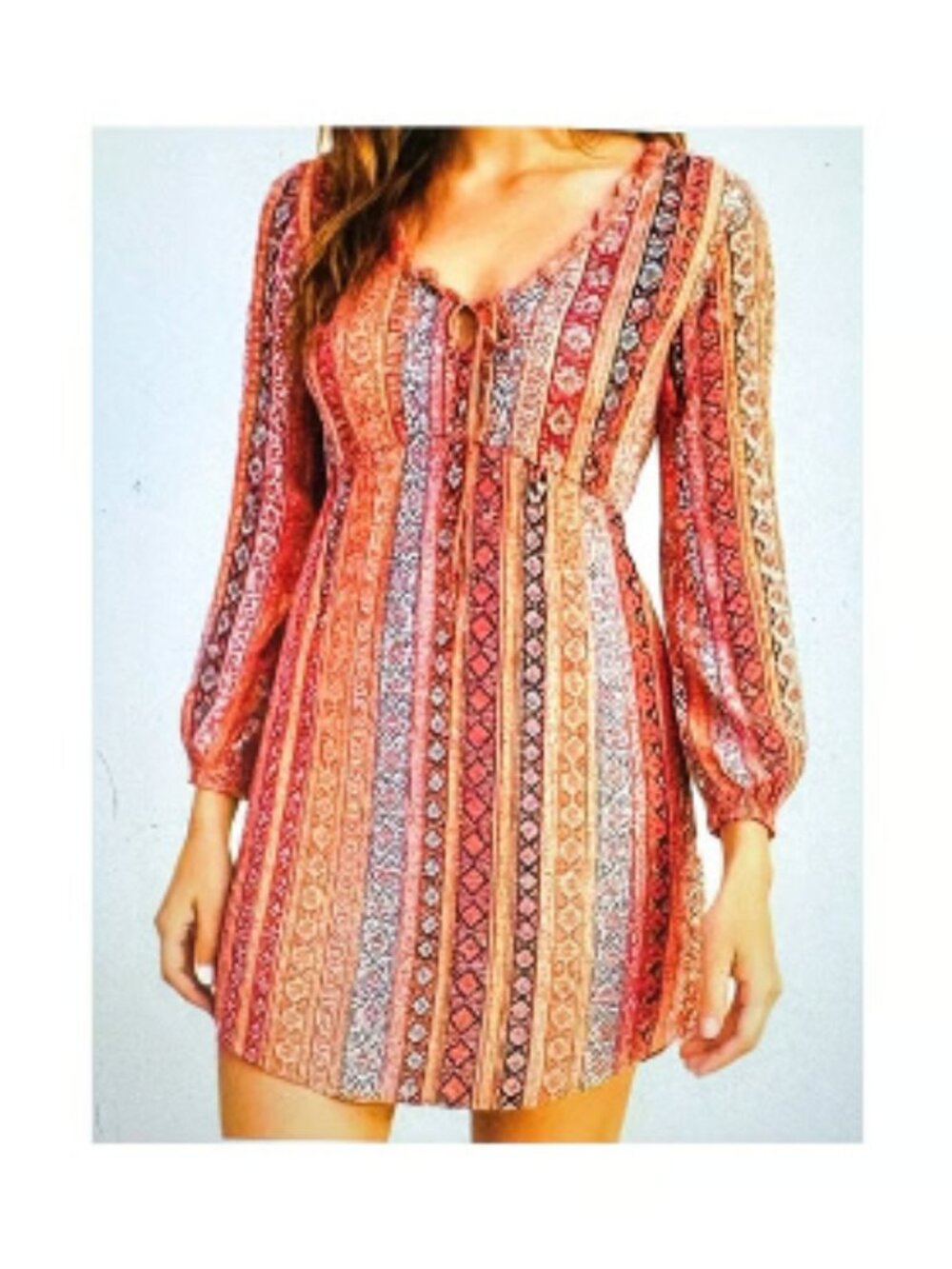 City Vibe NWT Long Sleeve Dress Tribal Festival Colorful Boho V-neck Hippie XS